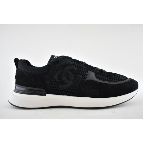 Chanel 22P Mens Black White Suede CC Logo Low Top Lace Up Trainer Sneaker 45 12 - Picture 1 of 12